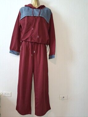 Women's Maroon Two-Piece Hoodie Jumpsuit with Denim Trim